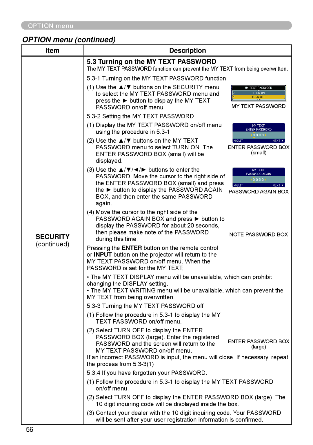 Apple ED-A111, ED-A101 manual Description Turning on the MY Text Password 