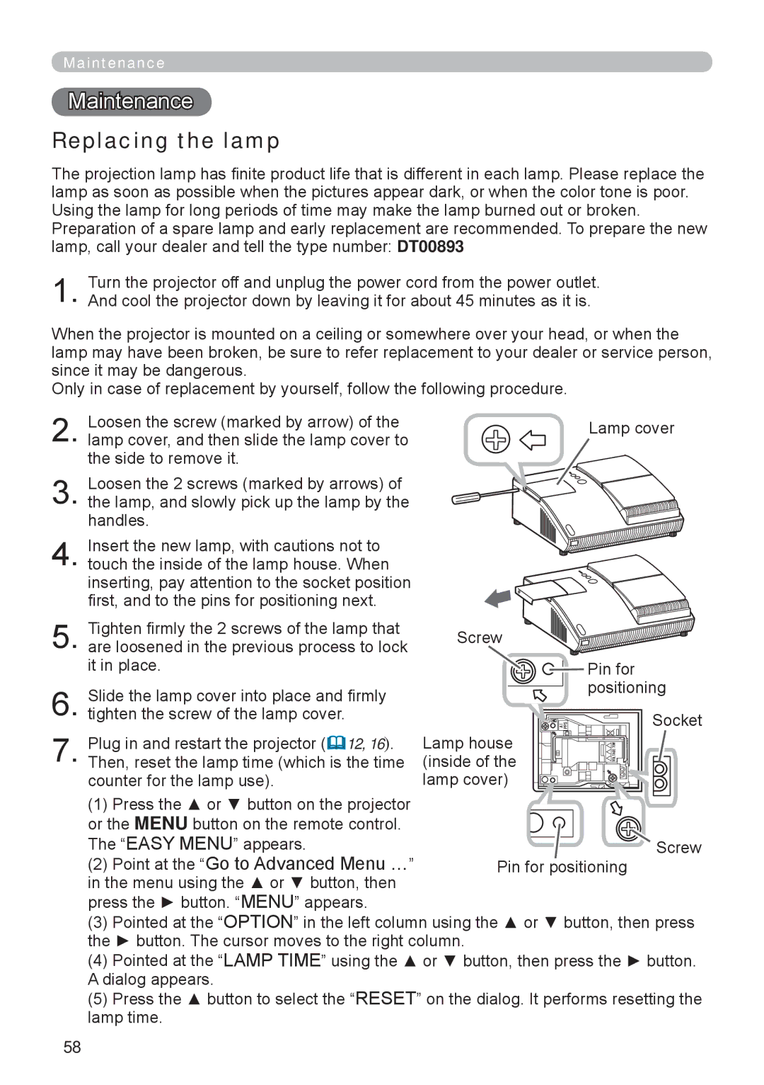 Apple ED-A111, ED-A101 manual Maintenance, Replacing the lamp 