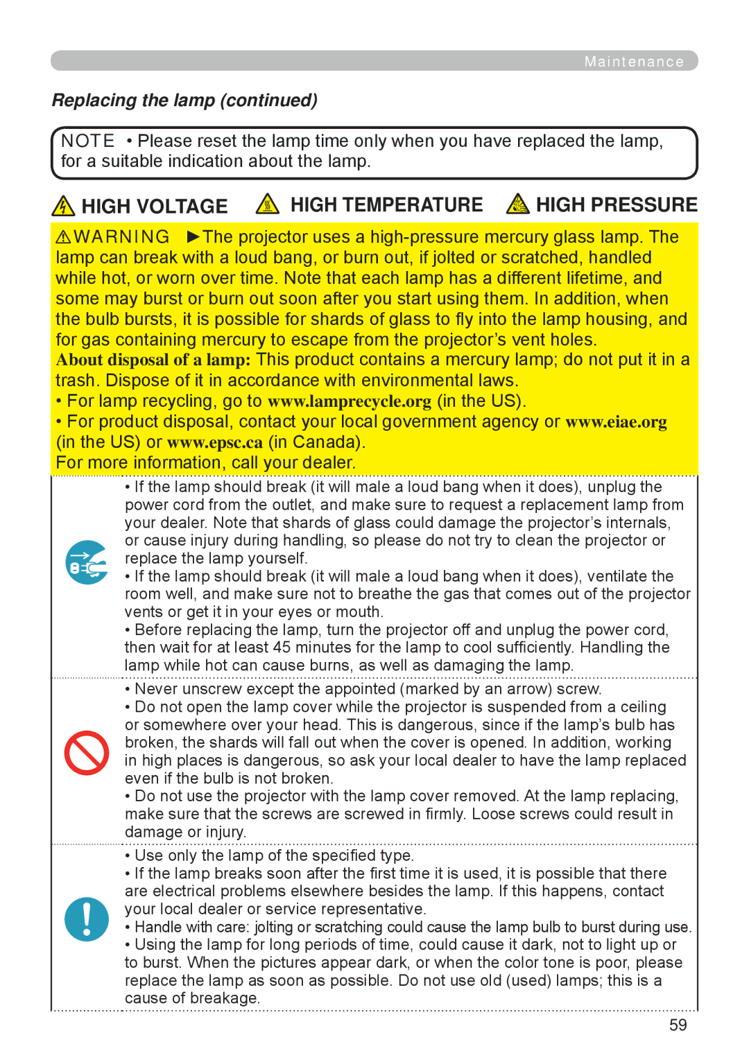 Apple ED-A101, ED-A111 manual High Voltage High Temperature, Replacing the lamp 