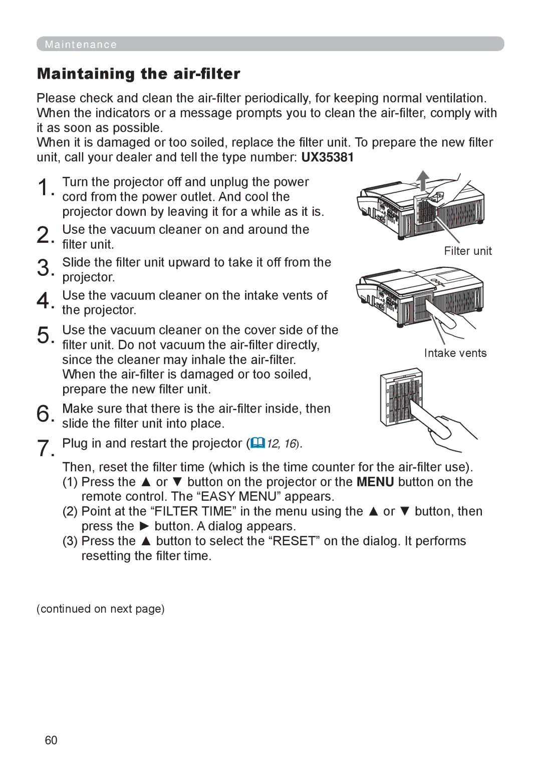 Apple ED-A111, ED-A101 manual Maintaining the air-filter, Filter unit Intake vents 