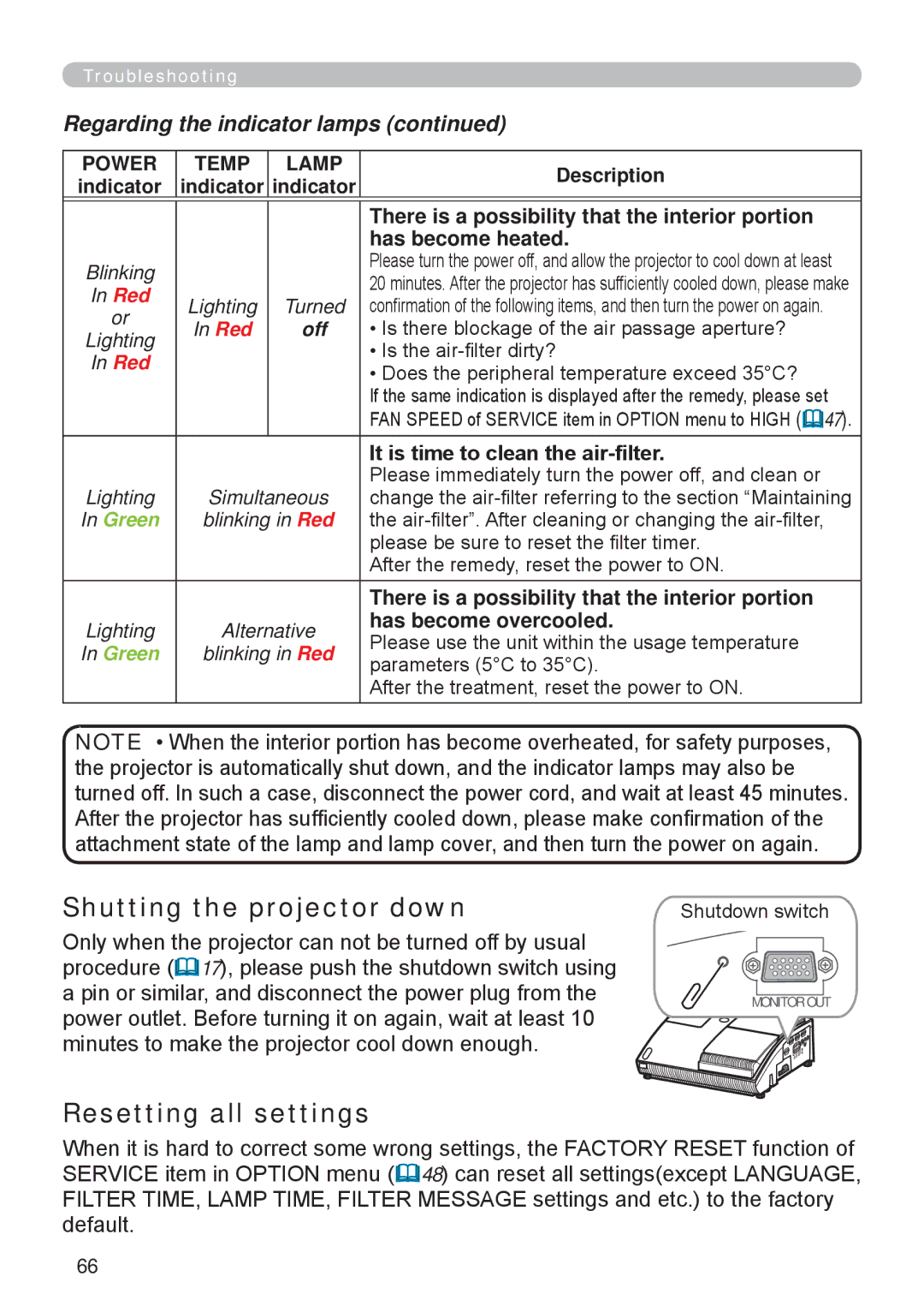 Apple ED-A111, ED-A101 manual Shutting the projector down, Resetting all settings 