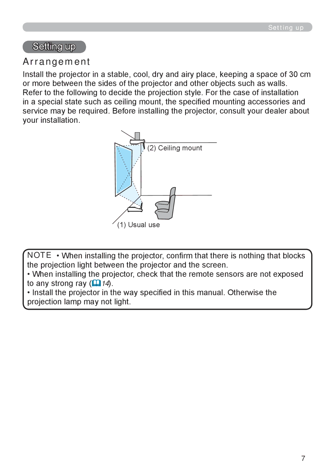 Apple ED-A101, ED-A111 manual Setting up, Arrangement, Ceiling mount Usual use 