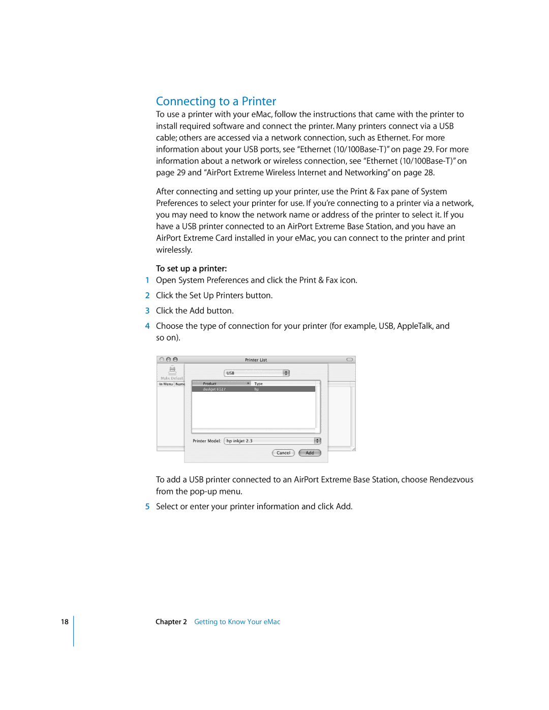 Apple EMac manual Connecting to a Printer, To set up a printer 