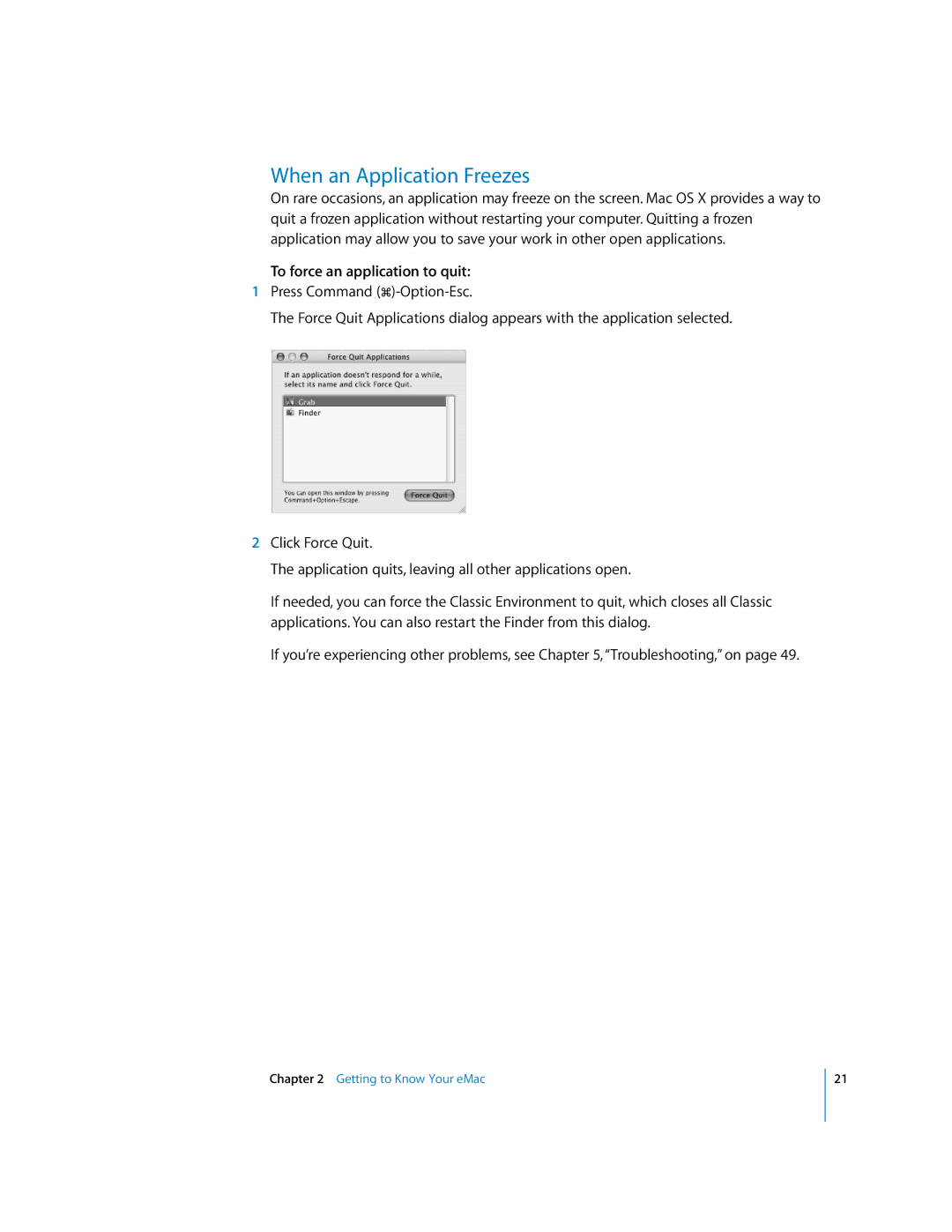 Apple EMac manual When an Application Freezes, To force an application to quit 