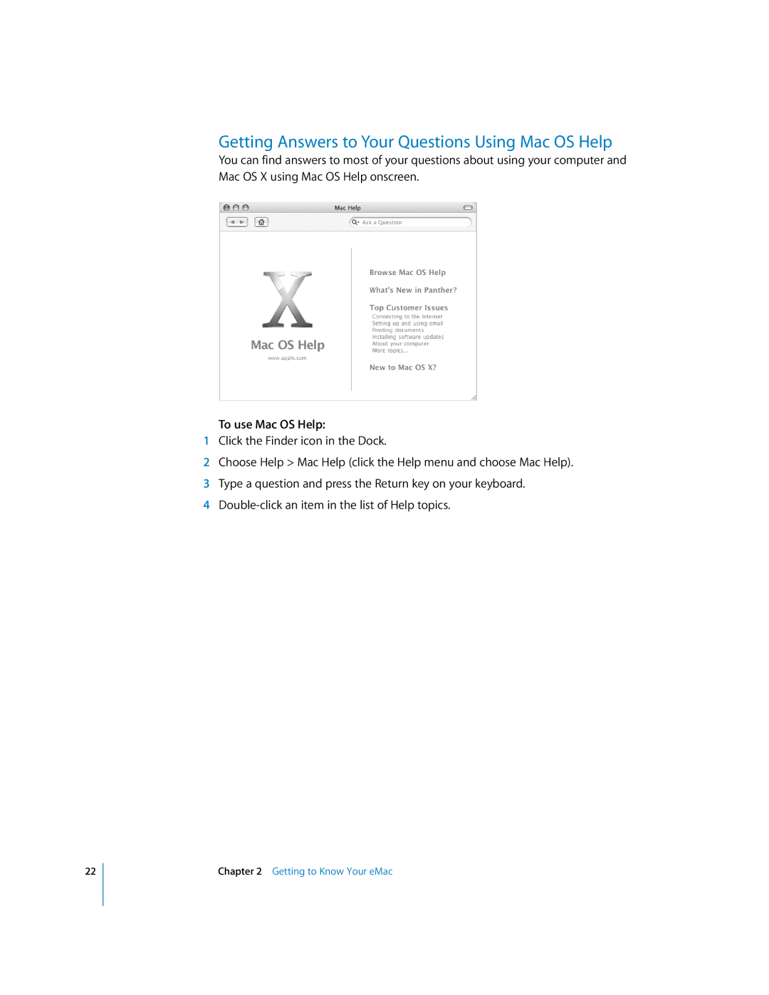 Apple EMac manual Getting Answers to Your Questions Using Mac OS Help, To use Mac OS Help 