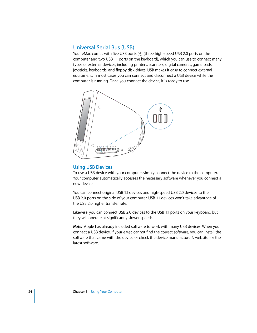 Apple EMac manual Universal Serial Bus USB, Using USB Devices 