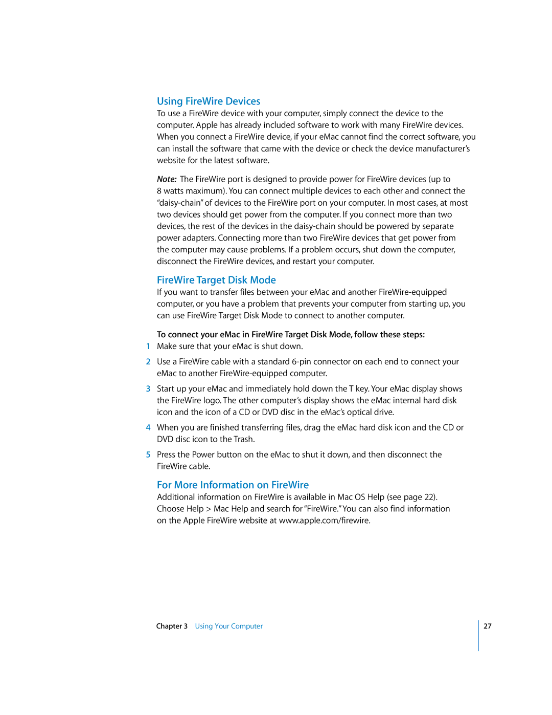 Apple EMac manual Using FireWire Devices, FireWire Target Disk Mode, For More Information on FireWire 