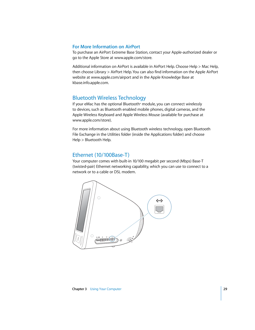 Apple EMac manual Bluetooth Wireless Technology, Ethernet 10/100Base-T, For More Information on AirPort 