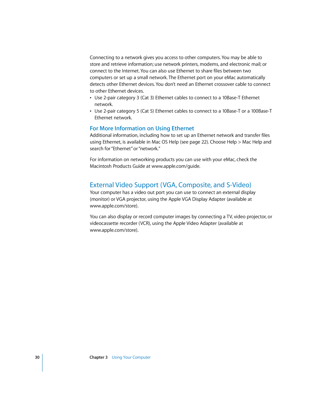 Apple EMac manual External Video Support VGA, Composite, and S-Video, For More Information on Using Ethernet 