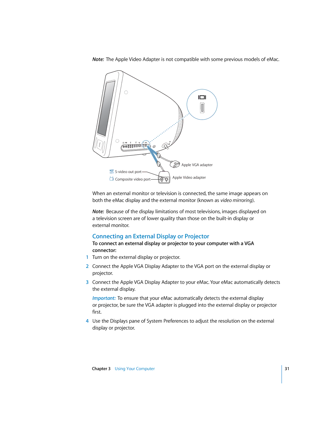 Apple EMac manual Connecting an External Display or Projector 