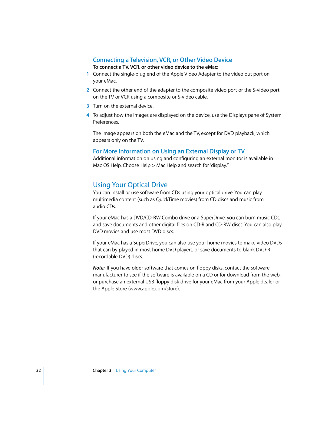 Apple EMac manual Using Your Optical Drive, Connecting a Television, VCR, or Other Video Device 
