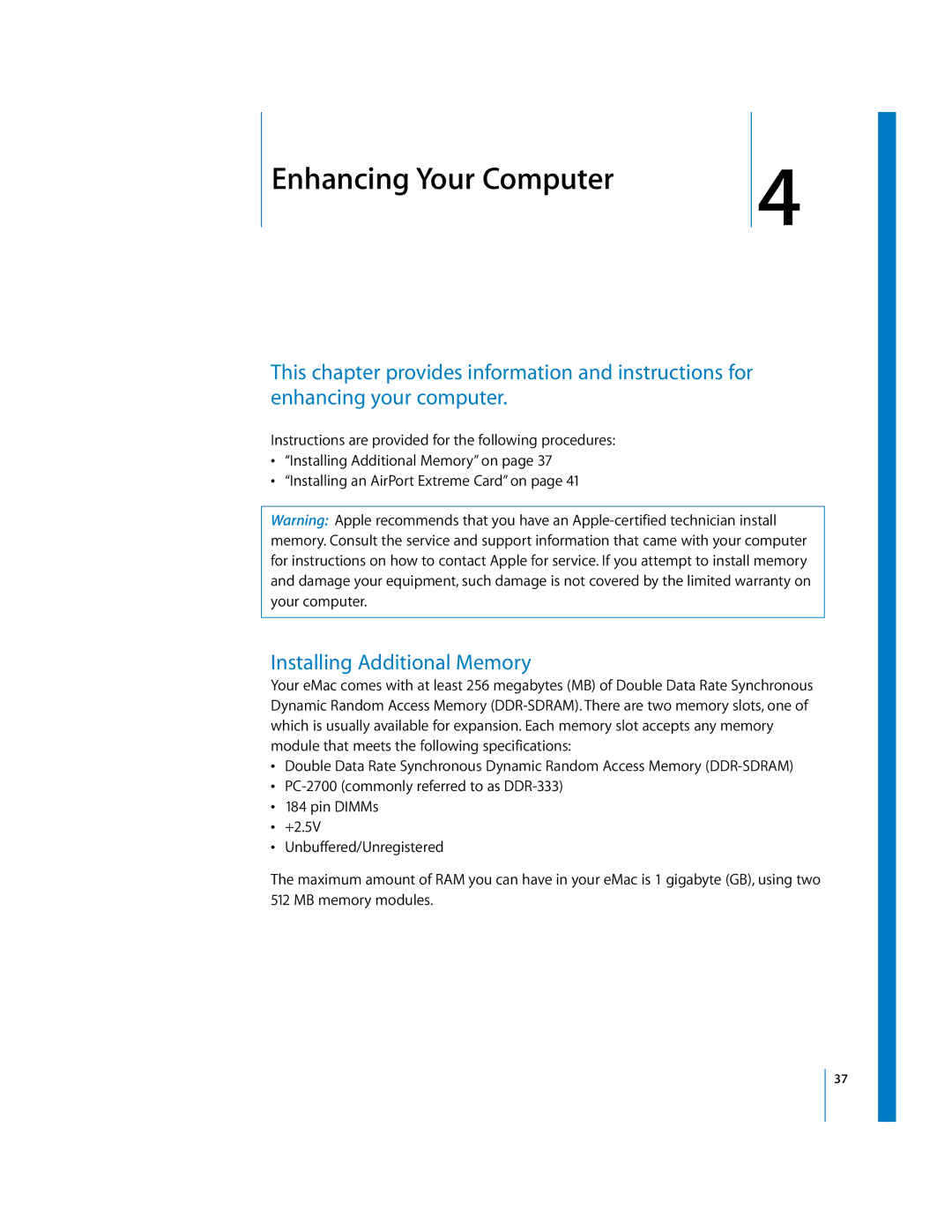 Apple EMac manual Enhancing Your Computer, Installing Additional Memory 