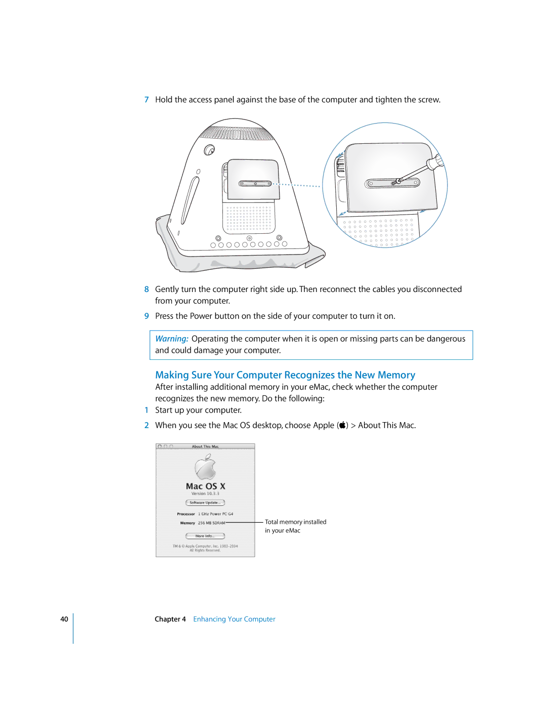 Apple EMac manual Making Sure Your Computer Recognizes the New Memory 