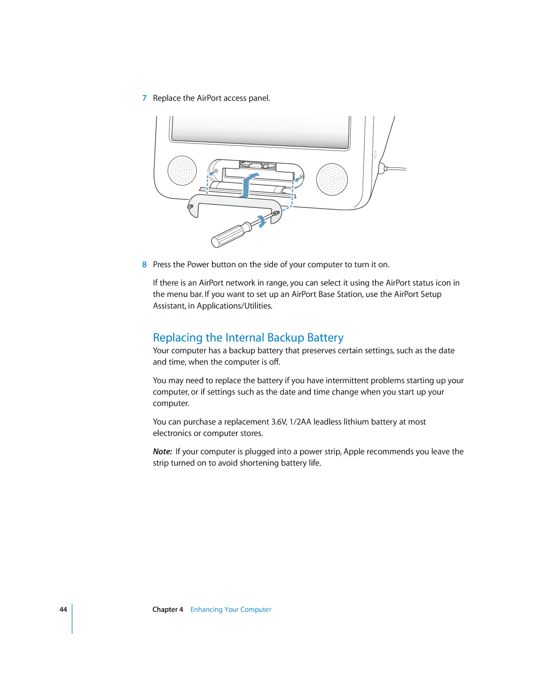 Apple EMac manual Replacing the Internal Backup Battery 