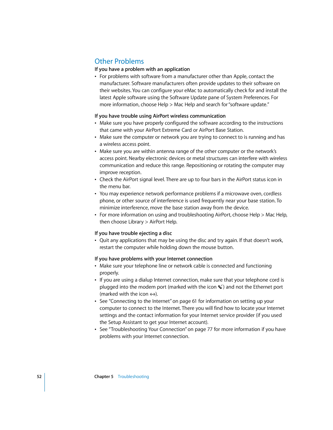 Apple EMac manual Other Problems, If you have a problem with an application, If you have trouble ejecting a disc 