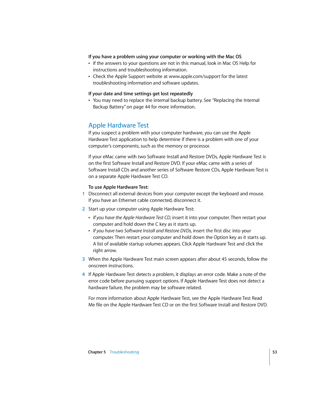 Apple EMac manual If your date and time settings get lost repeatedly, To use Apple Hardware Test 