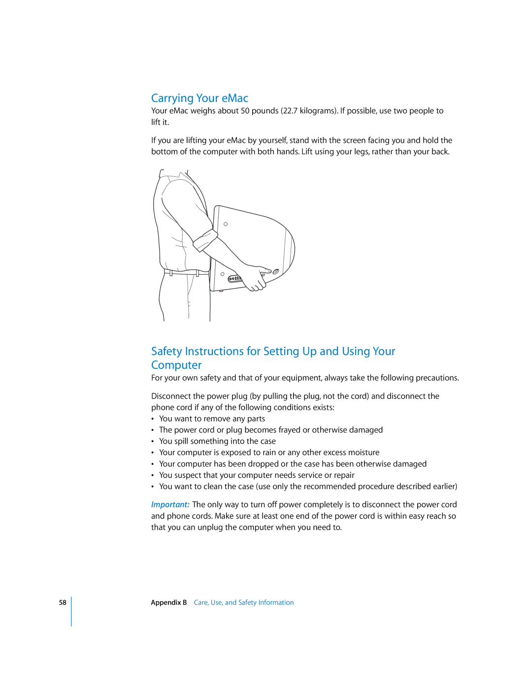 Apple EMac manual Carrying Your eMac, Safety Instructions for Setting Up and Using Your Computer 