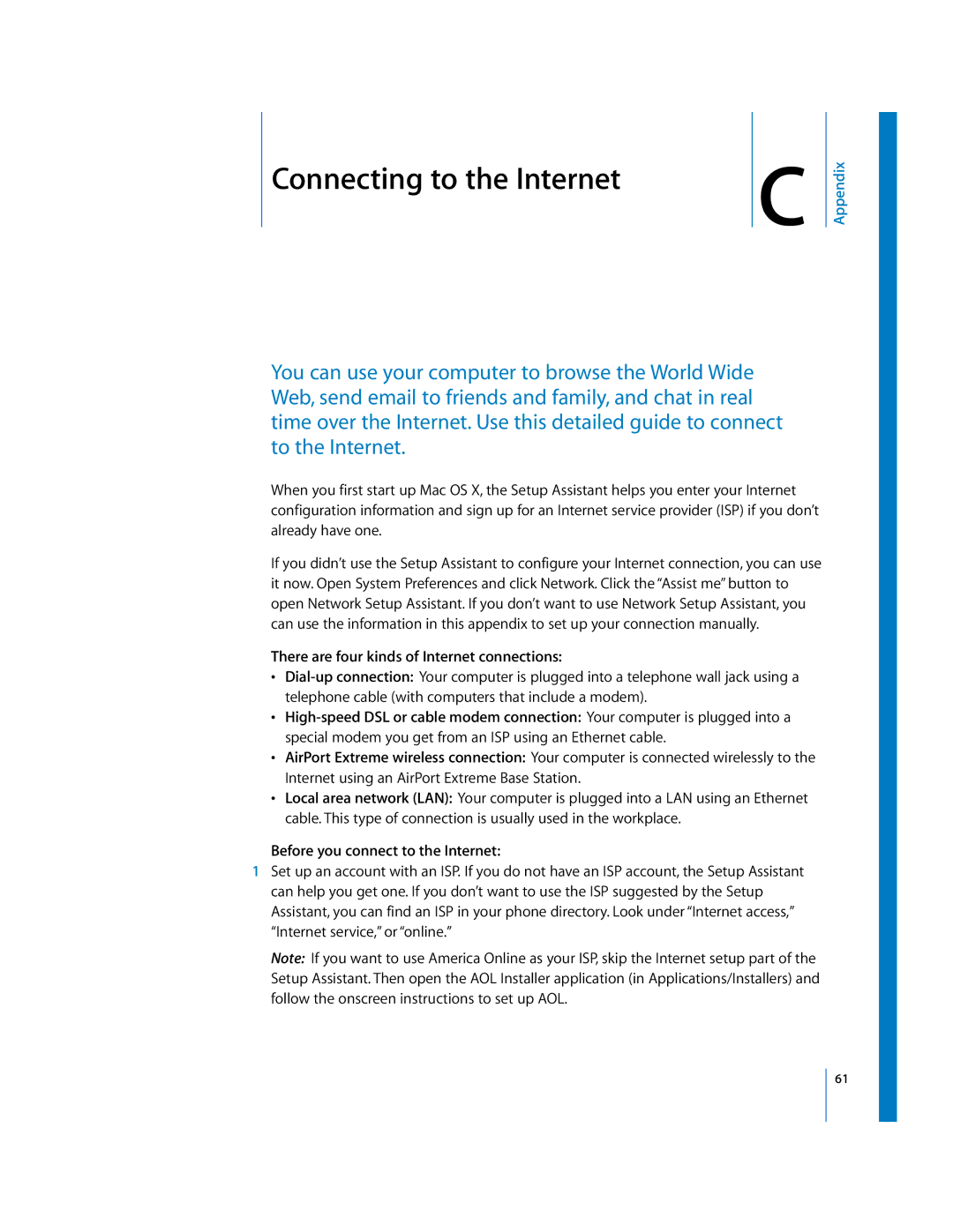 Apple EMac manual There are four kinds of Internet connections, Before you connect to the Internet 