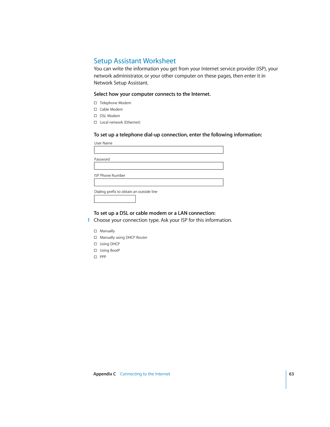 Apple EMac manual Setup Assistant Worksheet, Select how your computer connects to the Internet 