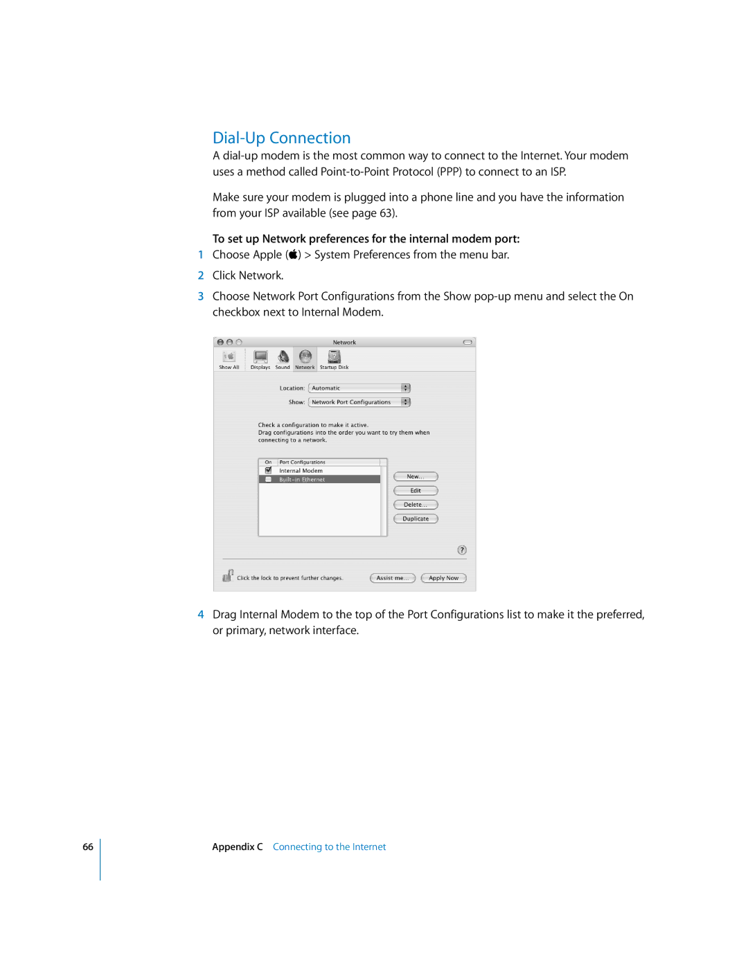 Apple EMac manual Dial-Up Connection, To set up Network preferences for the internal modem port 