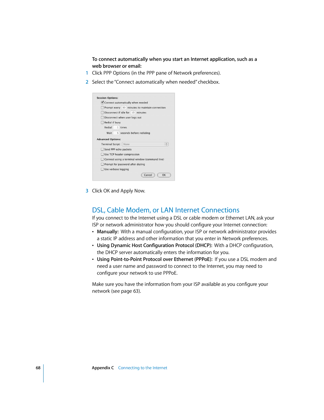 Apple EMac manual DSL, Cable Modem, or LAN Internet Connections 