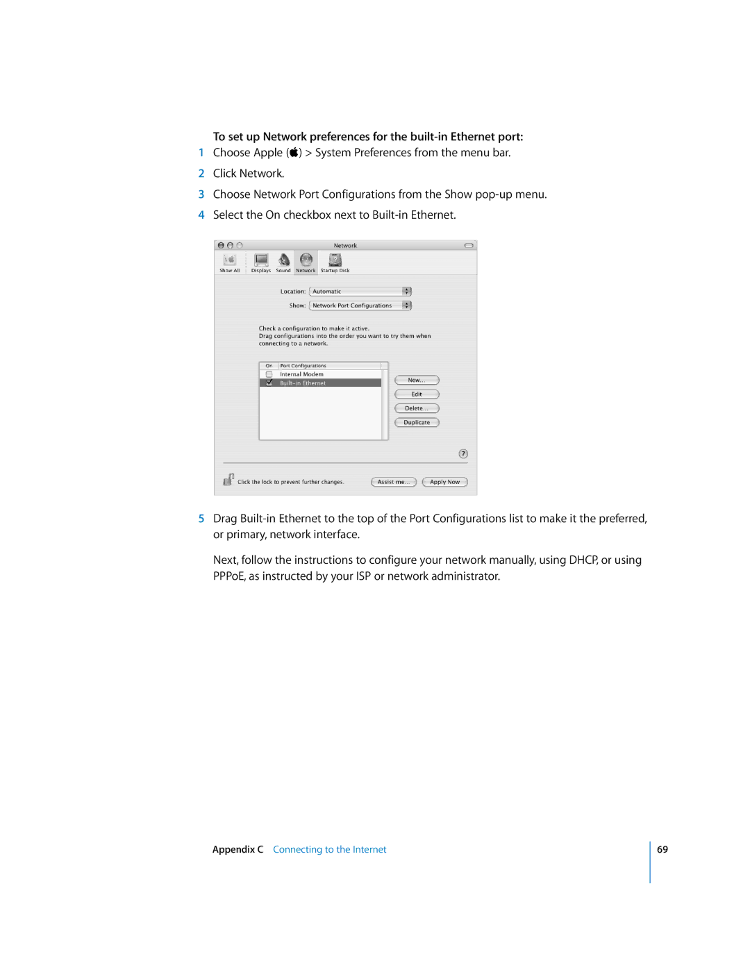 Apple EMac manual To set up Network preferences for the built-in Ethernet port 