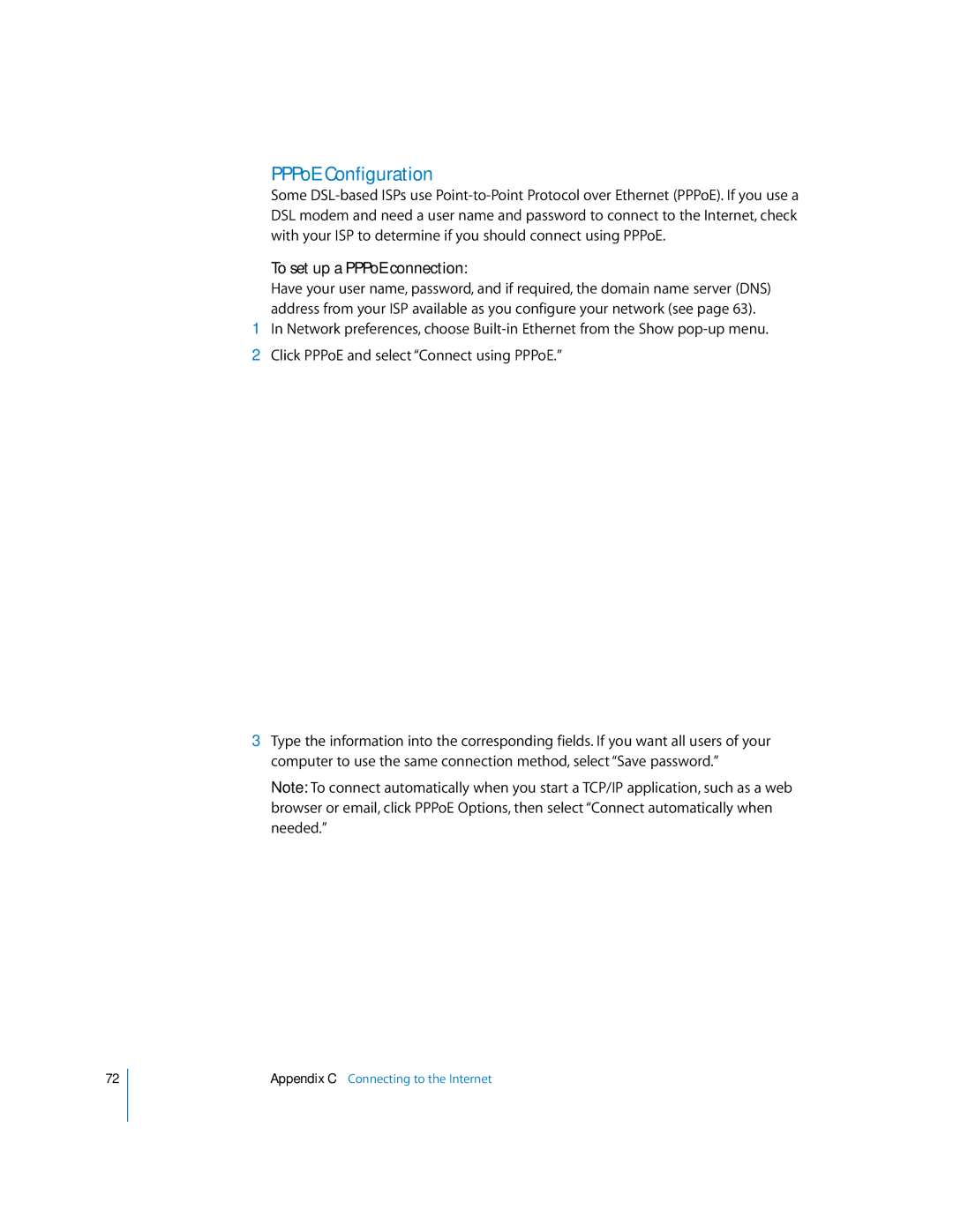 Apple EMac manual PPPoE Configuration, To set up a PPPoE connection 