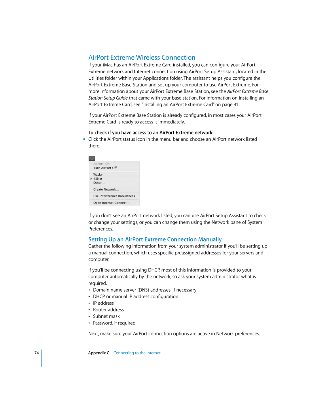 Apple EMac manual AirPort Extreme Wireless Connection, Setting Up an AirPort Extreme Connection Manually 