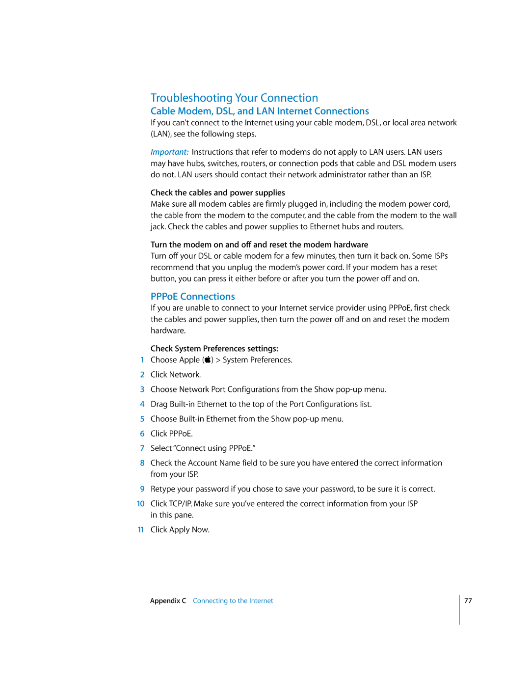 Apple EMac manual Troubleshooting Your Connection, Cable Modem, DSL, and LAN Internet Connections, PPPoE Connections 