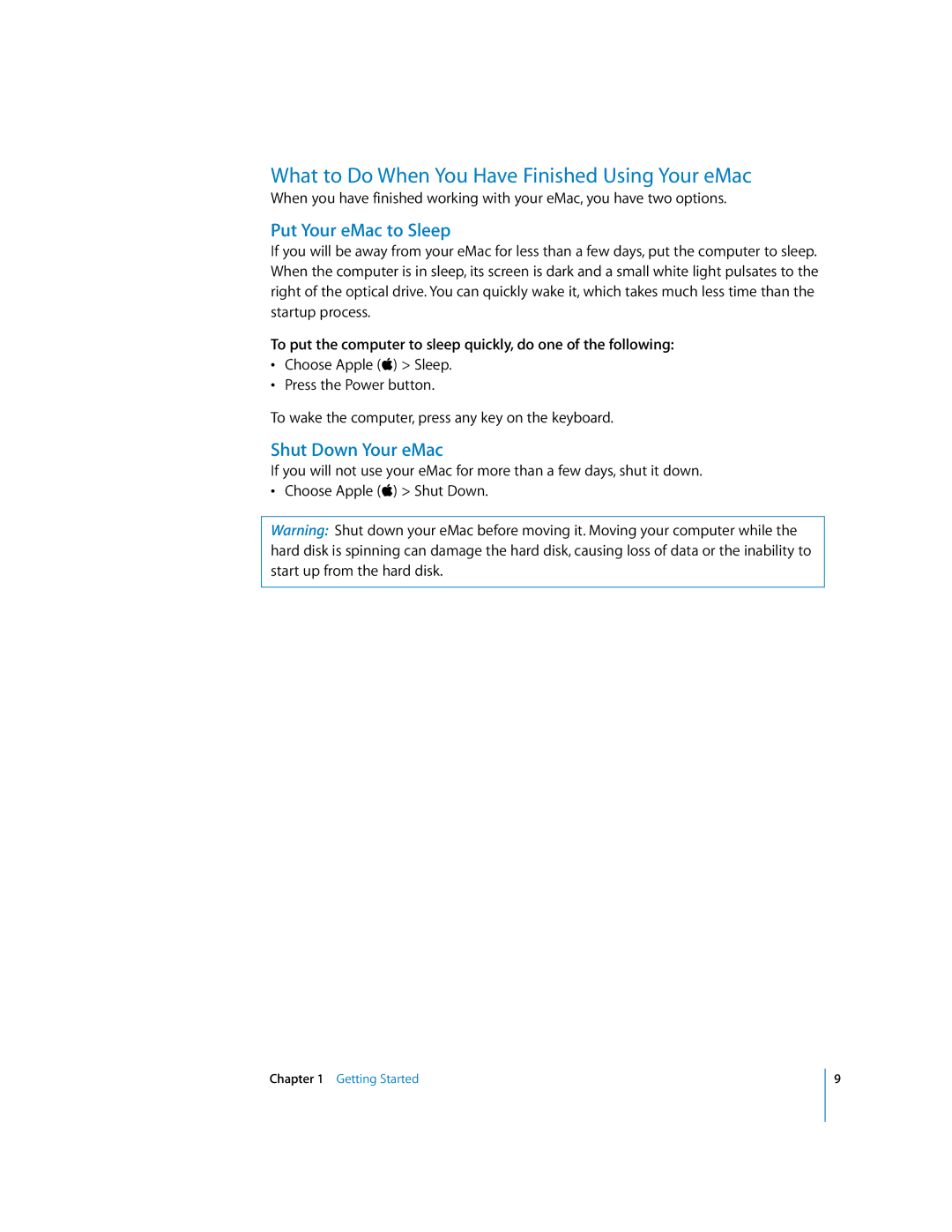 Apple EMac manual What to Do When You Have Finished Using Your eMac, Put Your eMac to Sleep, Shut Down Your eMac 