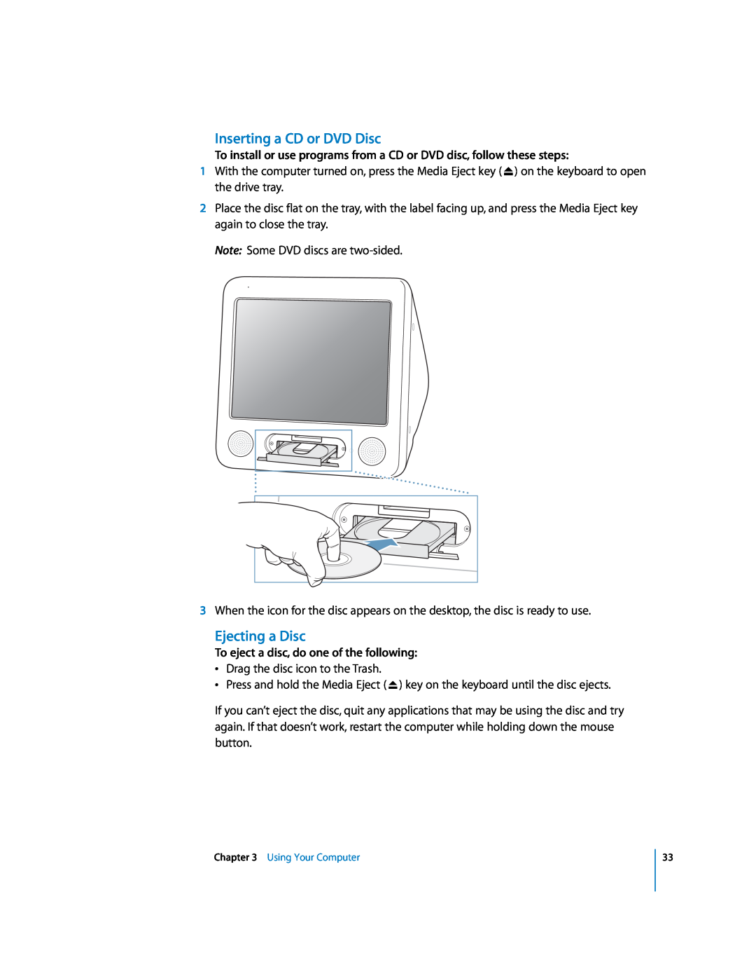 Apple EMac manual Inserting a CD or DVD Disc, Ejecting a Disc, To eject a disc, do one of the following 