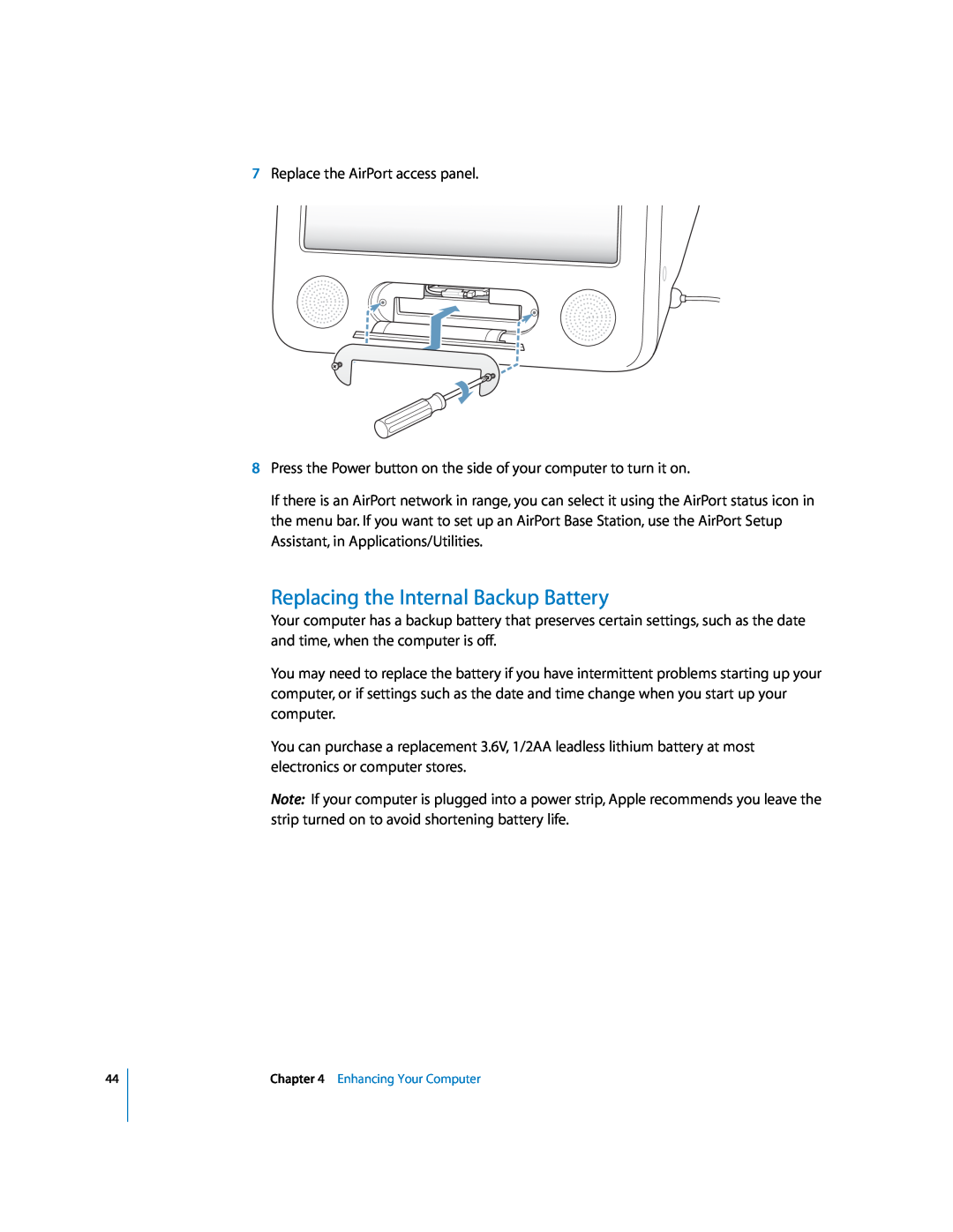 Apple EMac manual Replacing the Internal Backup Battery 