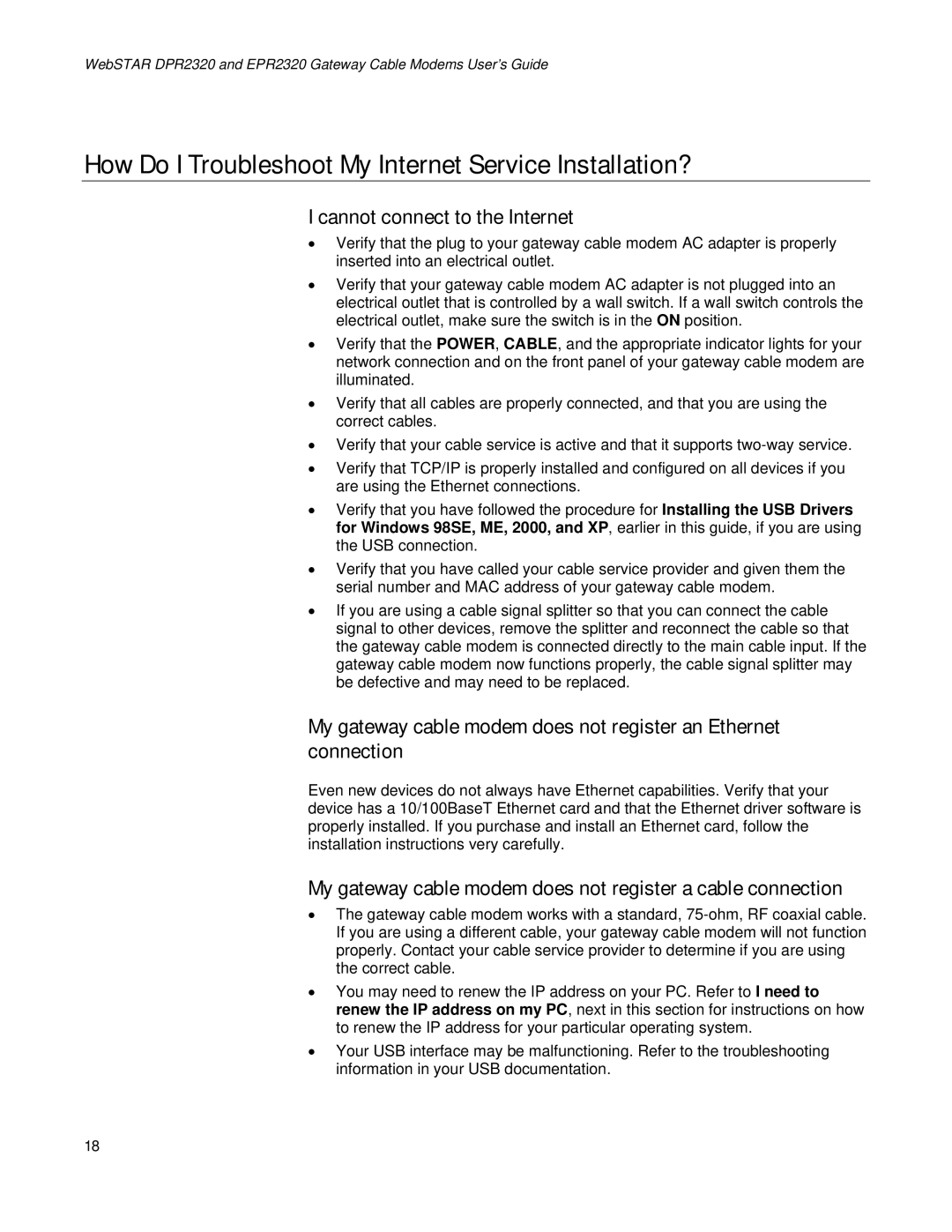 Apple DPR2320TM, EPR2320TM manual How Do I Troubleshoot My Internet Service Installation?, Cannot connect to the Internet 