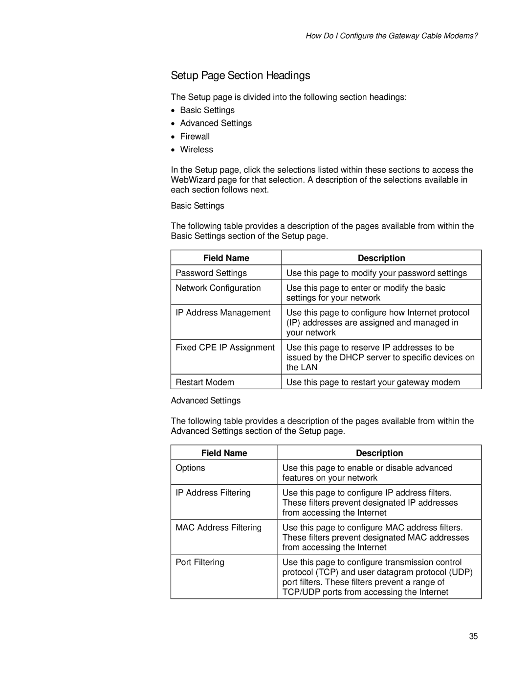 Apple EPR2320TM, DPR2320TM manual Setup Page Section Headings, Basic Settings, Advanced Settings 