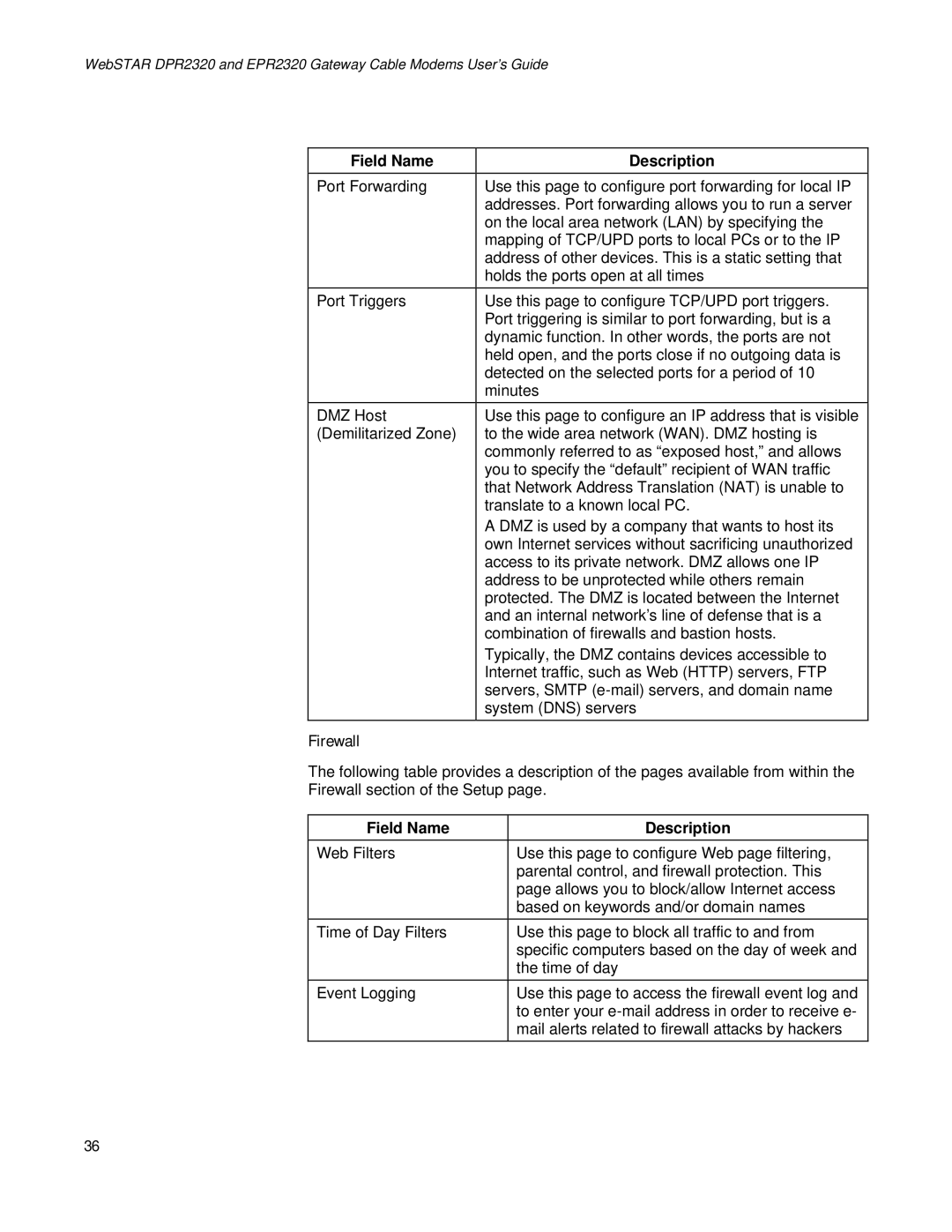 Apple DPR2320TM, EPR2320TM manual Firewall, Field Name Description 