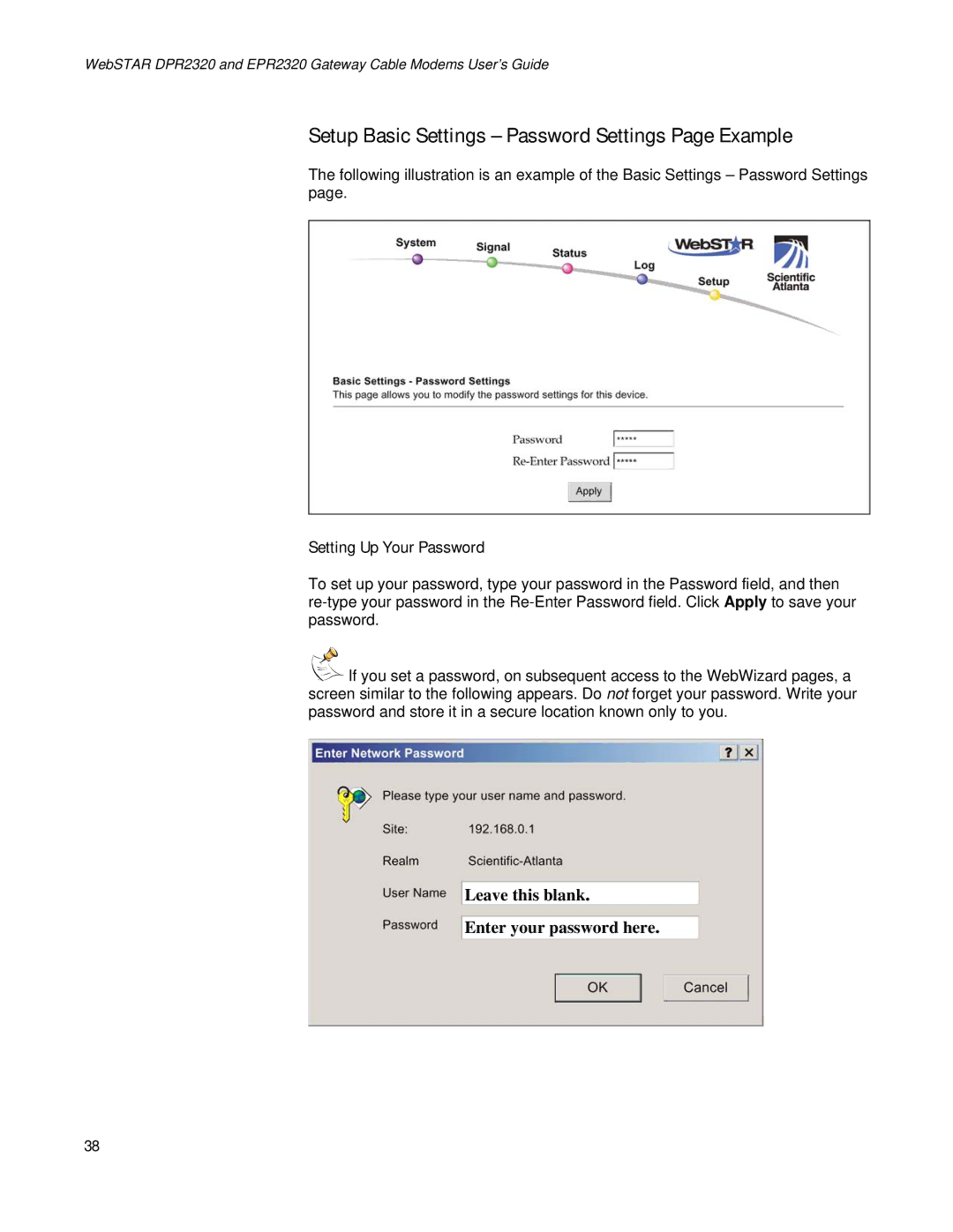 Apple DPR2320TM, EPR2320TM manual Setup Basic Settings Password Settings Page Example, Setting Up Your Password 