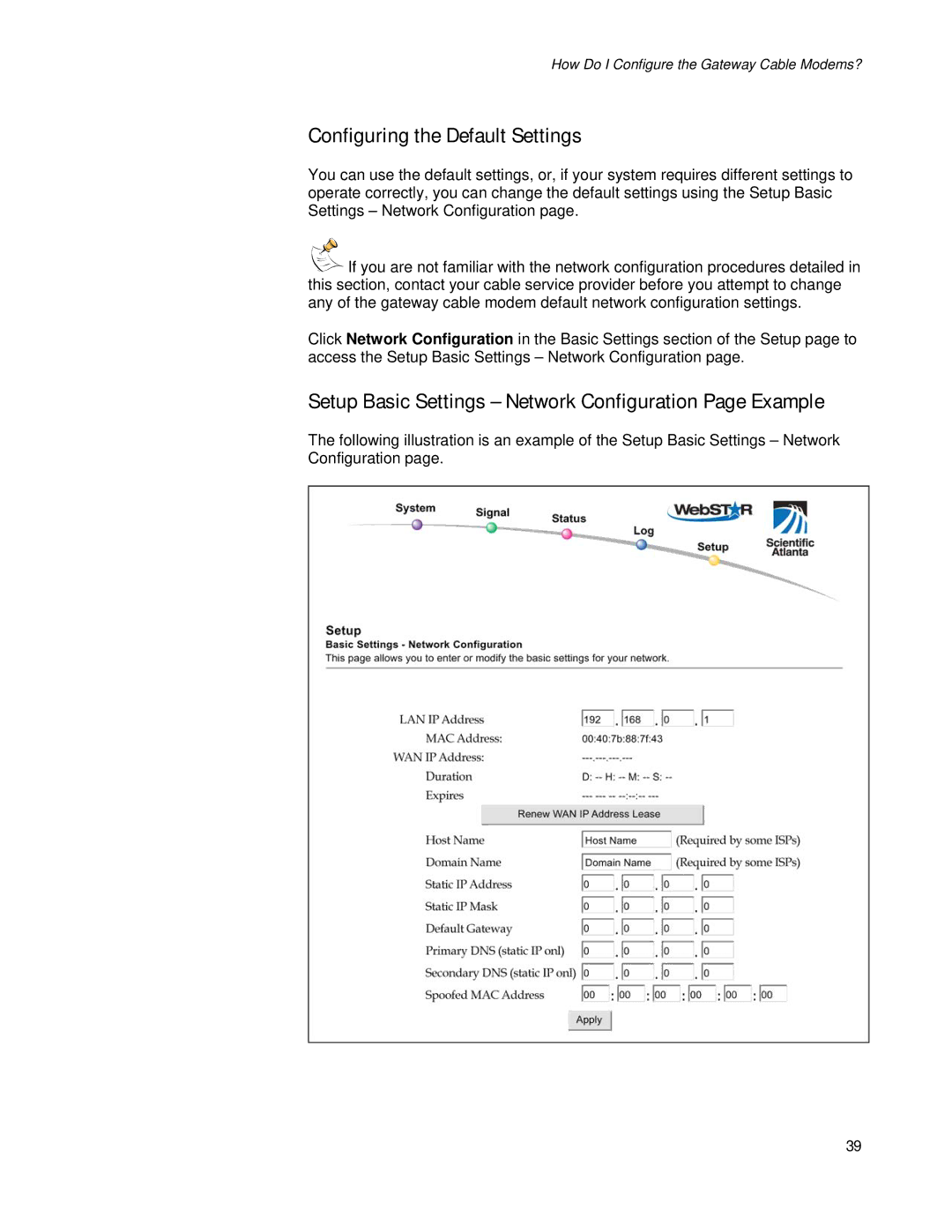 Apple EPR2320TM, DPR2320TM manual Configuring the Default Settings, Setup Basic Settings Network Configuration Page Example 