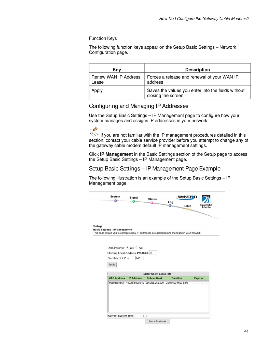 Apple EPR2320TM Configuring and Managing IP Addresses, Setup Basic Settings IP Management Page Example, Function Keys 