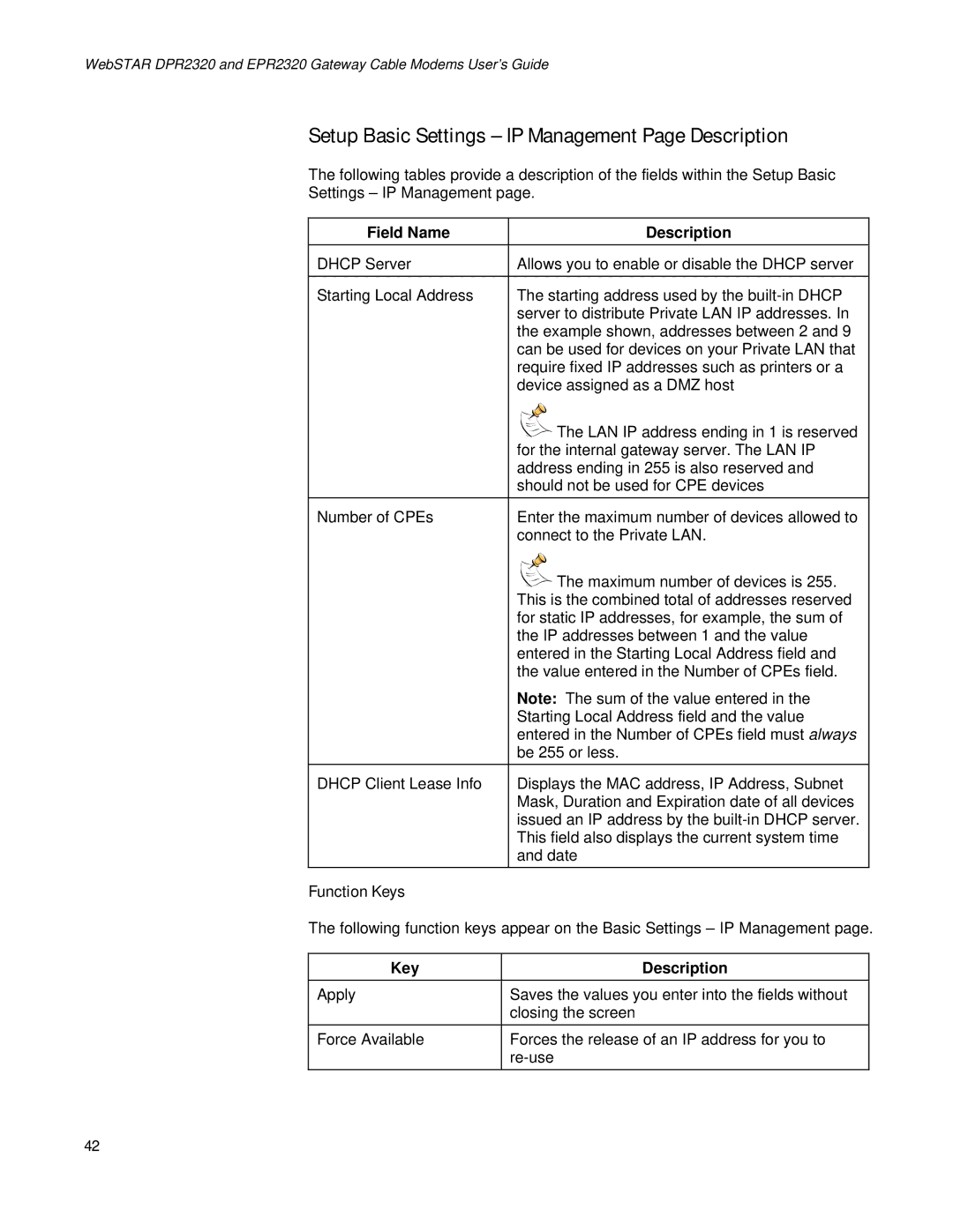 Apple DPR2320TM, EPR2320TM manual Setup Basic Settings IP Management Page Description 