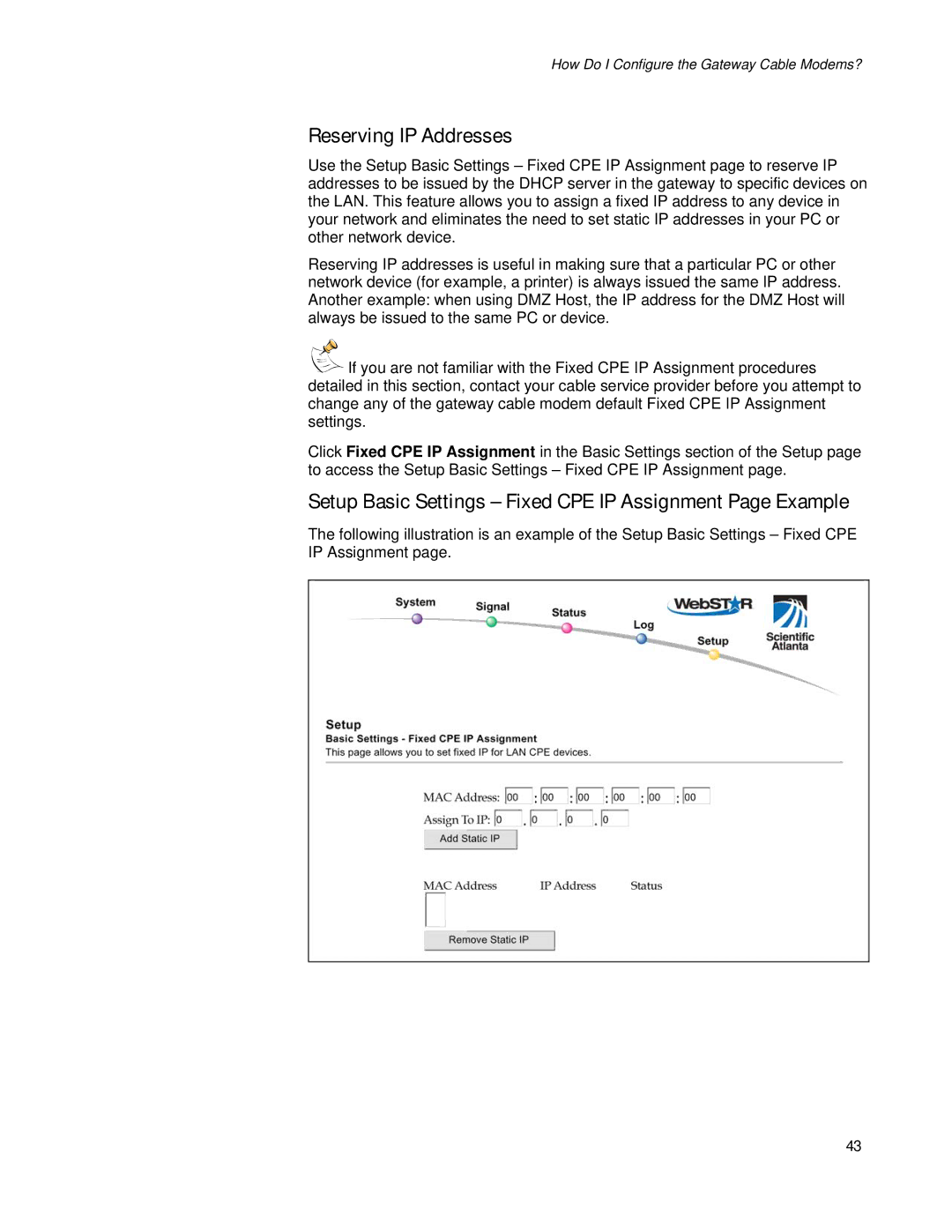 Apple EPR2320TM, DPR2320TM manual Reserving IP Addresses, Setup Basic Settings Fixed CPE IP Assignment Page Example 