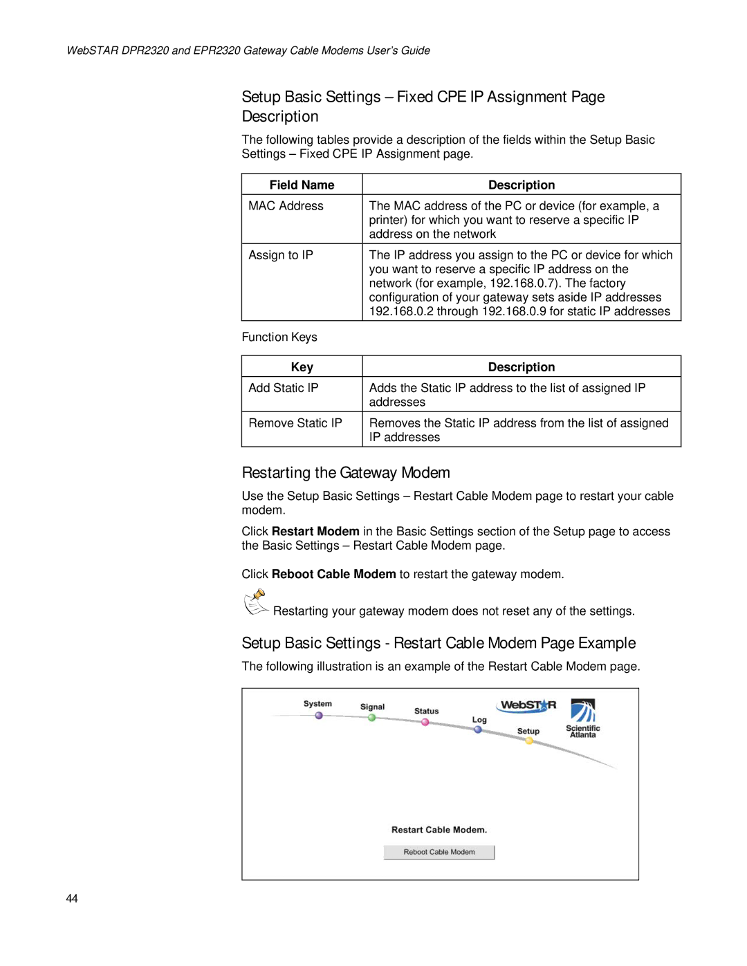 Apple DPR2320TM, EPR2320TM manual Setup Basic Settings Fixed CPE IP Assignment Description, Restarting the Gateway Modem 