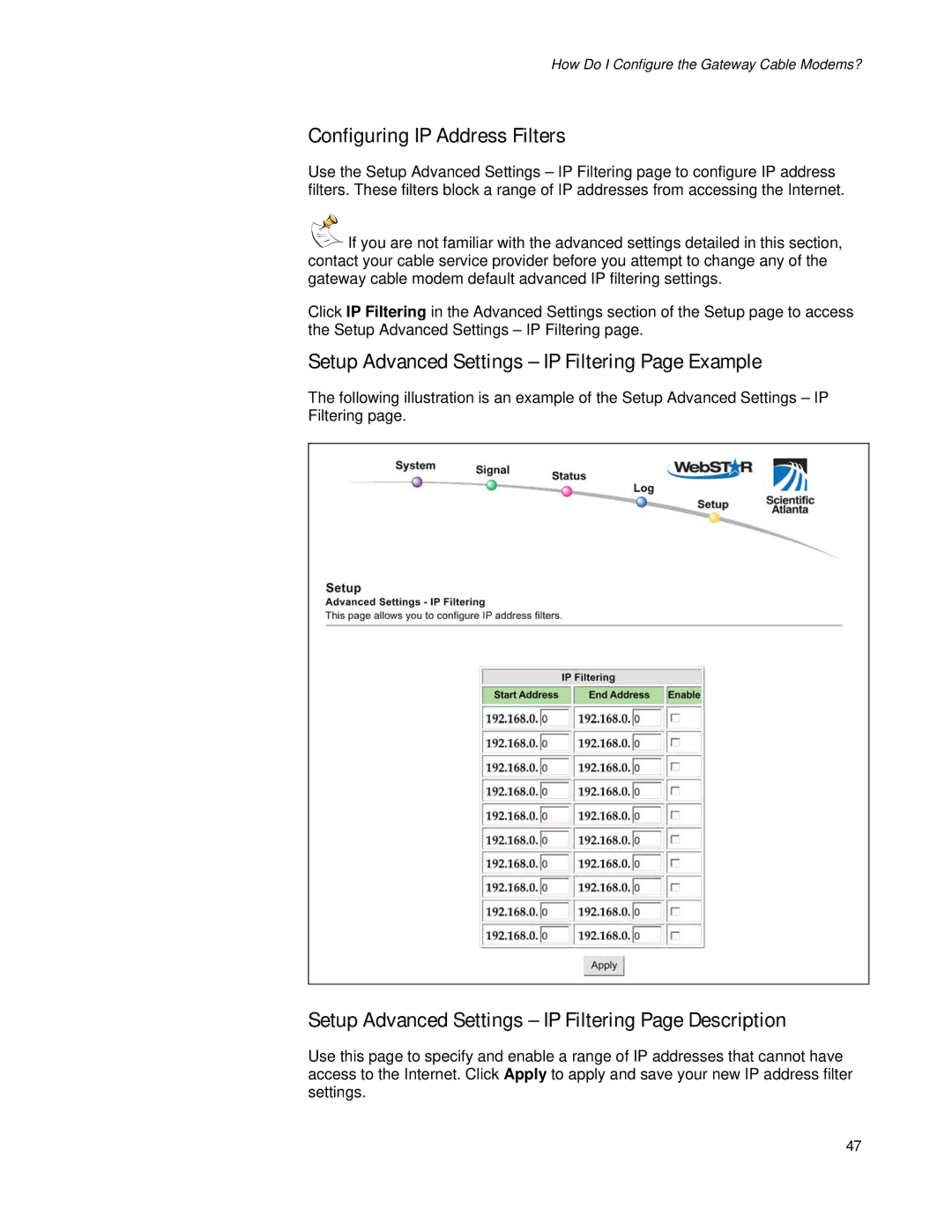 Apple EPR2320TM, DPR2320TM manual Configuring IP Address Filters, Setup Advanced Settings IP Filtering Page Example 