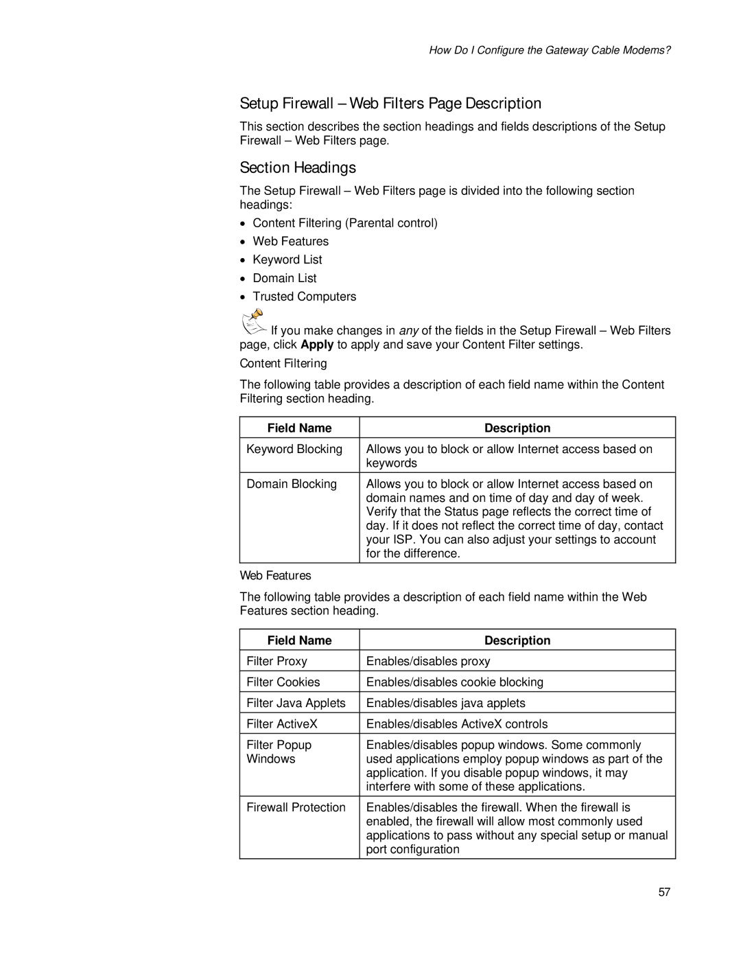 Apple EPR2320TM, DPR2320TM Setup Firewall Web Filters Page Description, Section Headings, Content Filtering, Web Features 