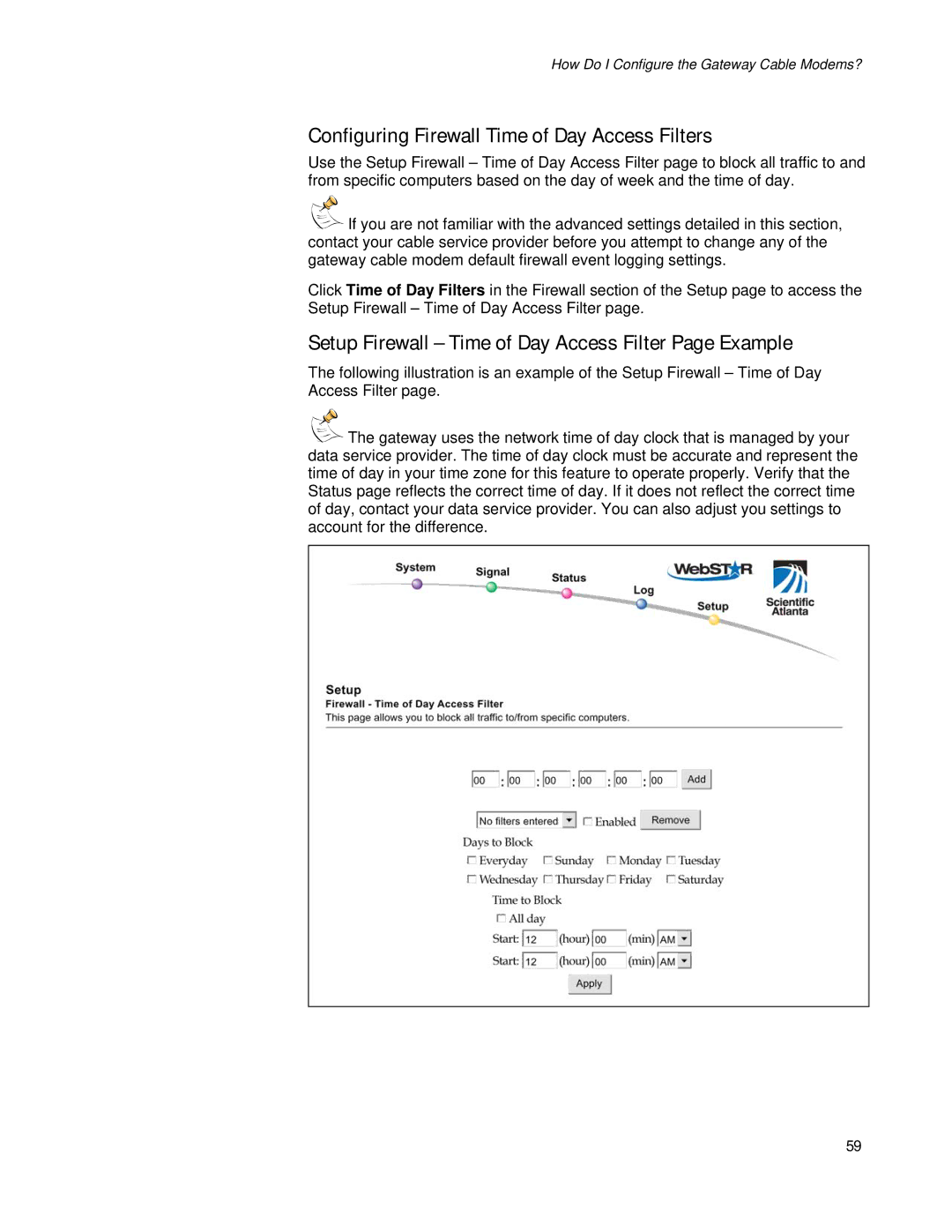 Apple EPR2320TM Configuring Firewall Time of Day Access Filters, Setup Firewall Time of Day Access Filter Page Example 