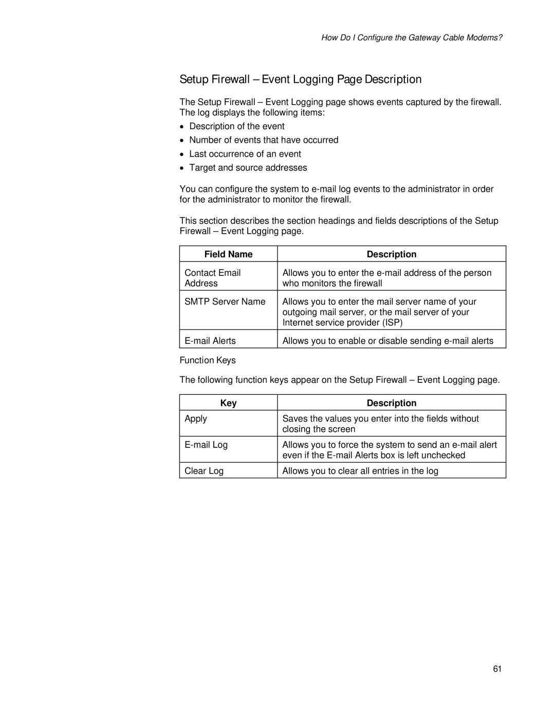 Apple EPR2320TM, DPR2320TM manual Setup Firewall Event Logging Page Description, Function Keys 