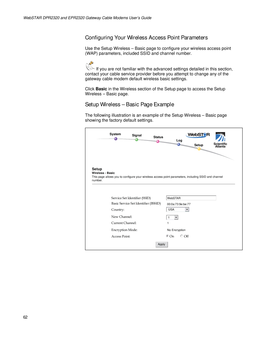 Apple DPR2320TM, EPR2320TM manual Configuring Your Wireless Access Point Parameters, Setup Wireless Basic Page Example 