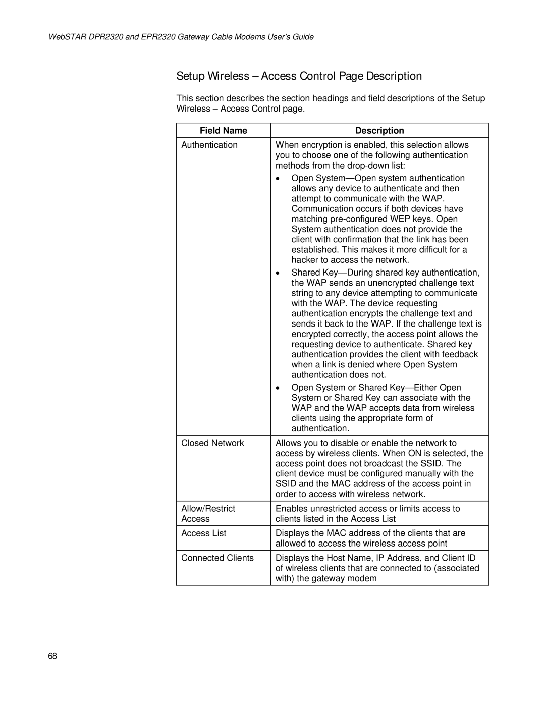 Apple DPR2320TM, EPR2320TM manual Setup Wireless Access Control Page Description 