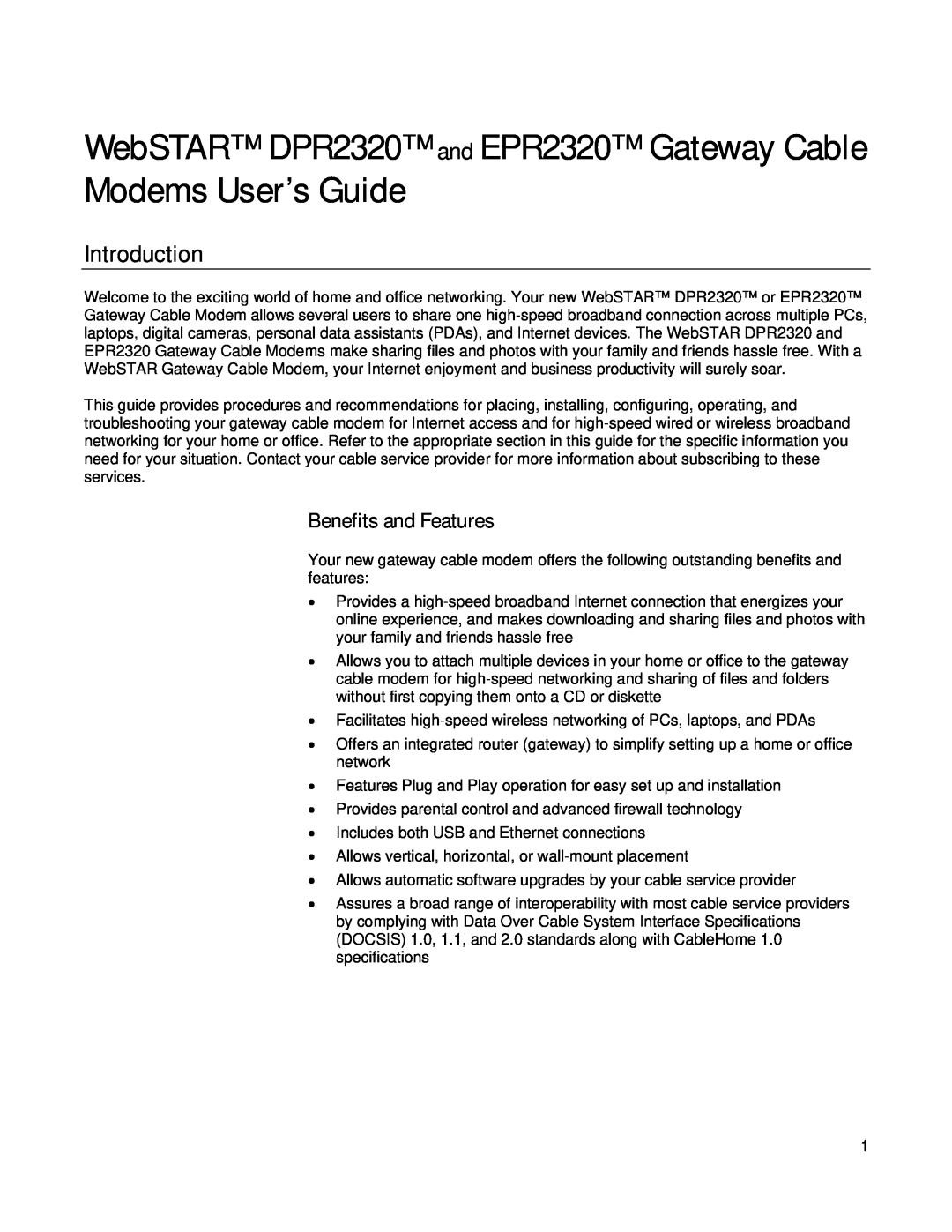 Apple EPR2320TM manual Introduction, Benefits and Features, WebSTAR DPR2320 and EPR2320 Gateway Cable Modems User’s Guide 
