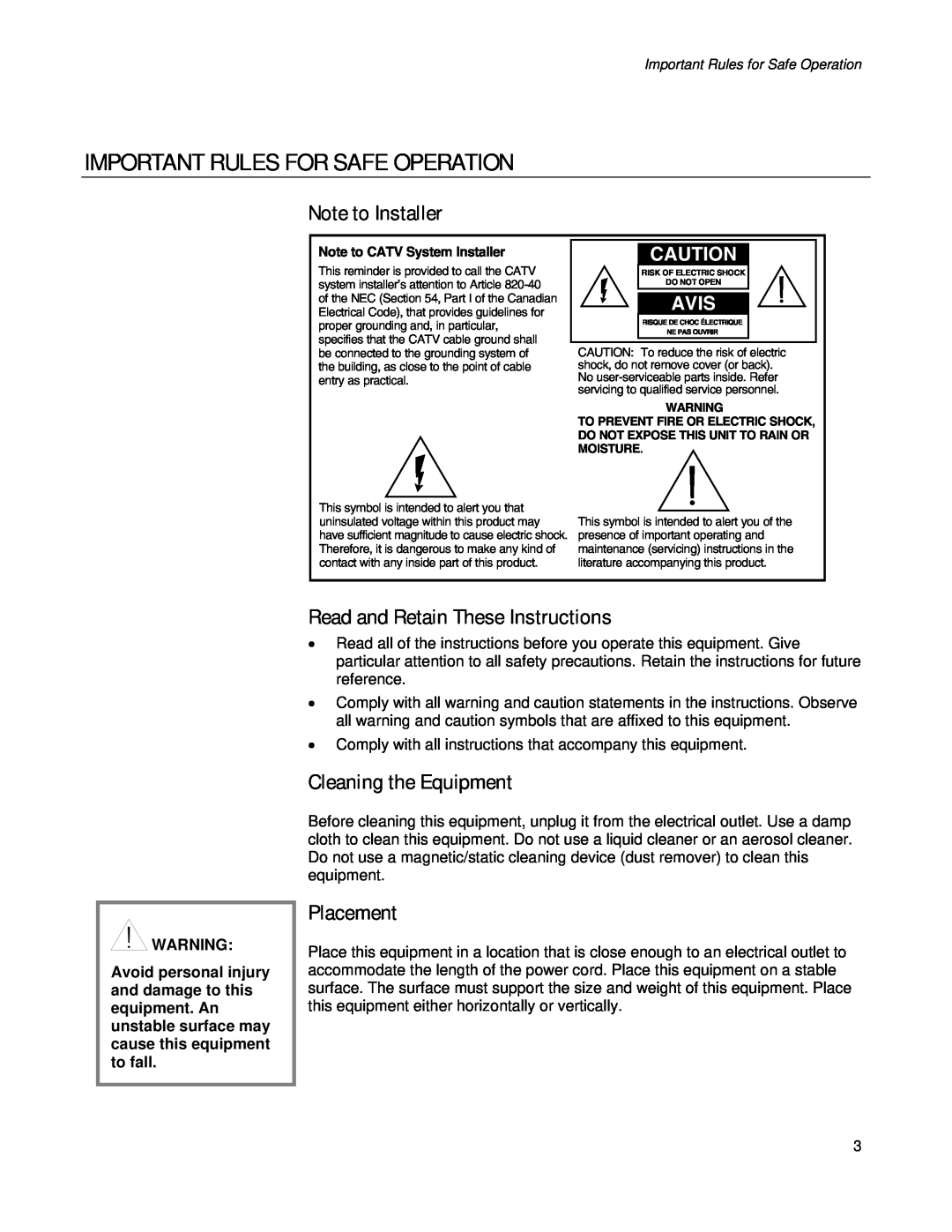 Apple EPR2320TM Important Rules For Safe Operation, Note to Installer, Read and Retain These Instructions, Placement, Avis 