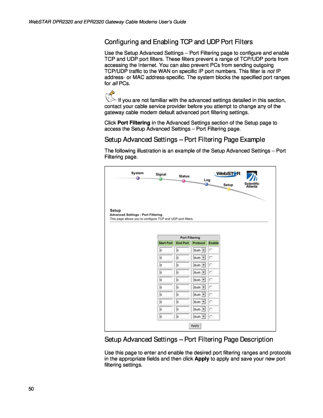 Apple DPR2320TM Configuring and Enabling TCP and UDP Port Filters, Setup Advanced Settings - Port Filtering Page Example 